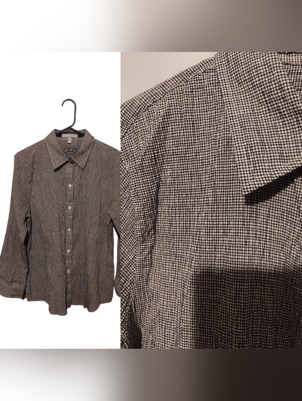 Foxcroft Gingham Fitted Button Shirt Top 14 Crinkle Preppy Stretch Office Career